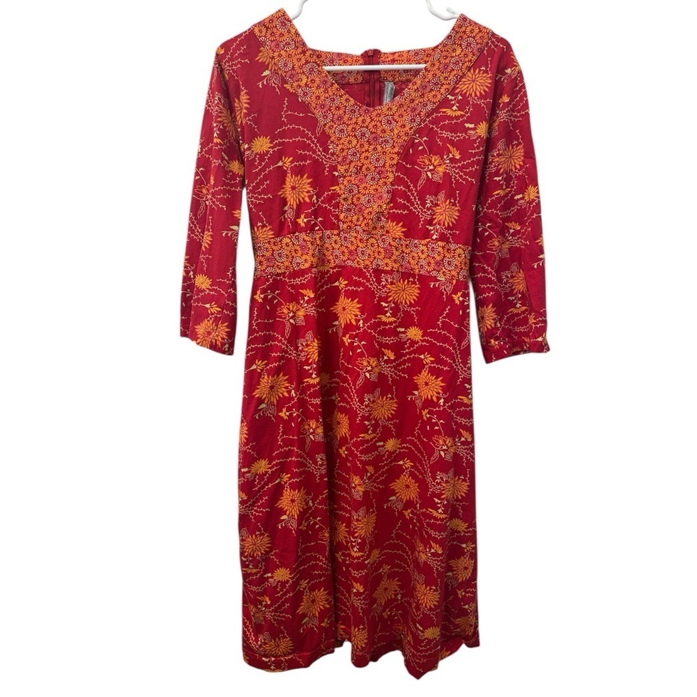 Hanna Andersson Red & Orange Floral Embroidered 3/4 Sleeve Dress Size L